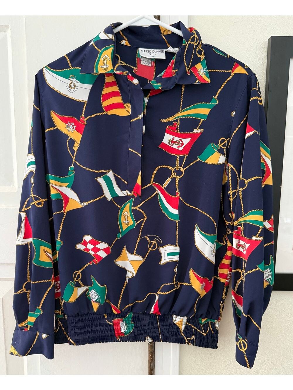 Alfred Dunner Nautical themed blouse / shoulder pads / elastic waist 10 petite
